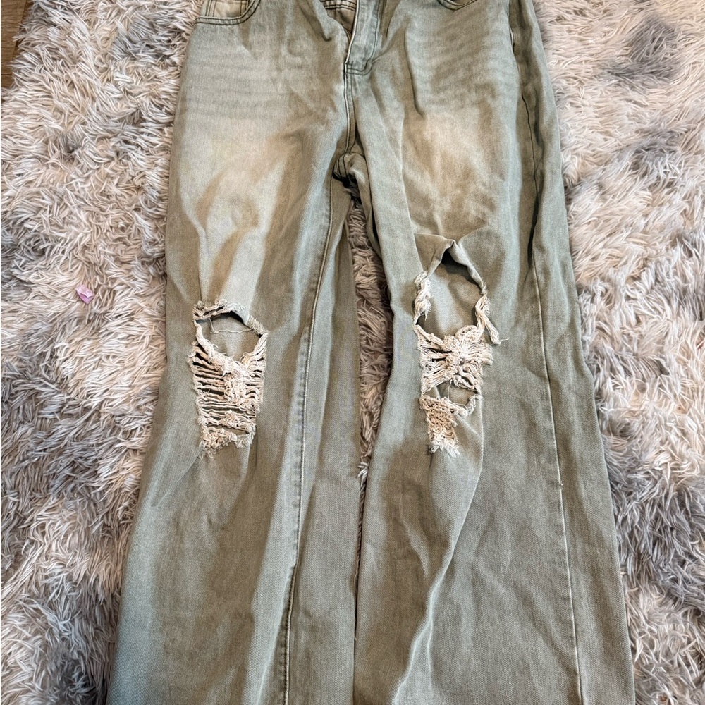 SHEIN High Rise Distressed Jeans - Light Army Green